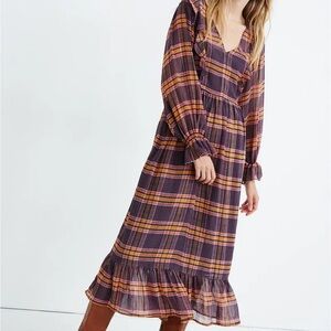 Madewell Sheer Plaid Full-Sleeve Ruffle Dress, Size 2, Lorimer Plaid